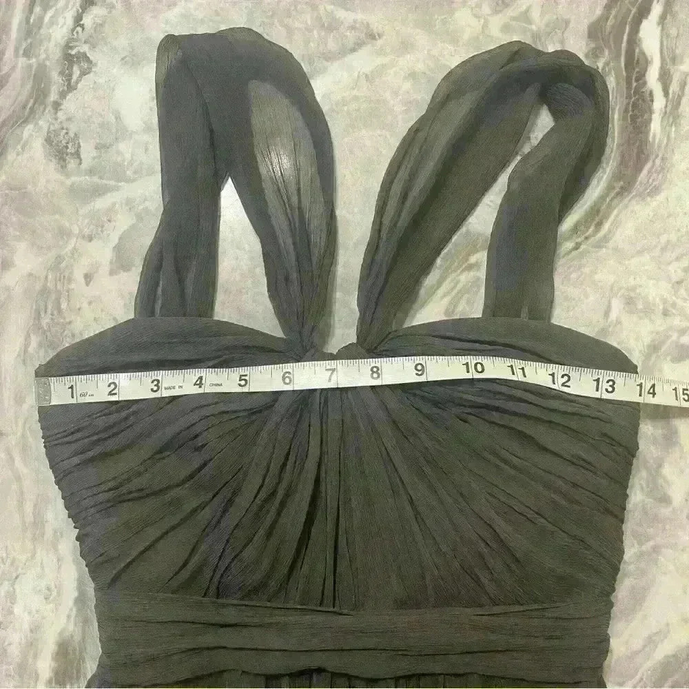 Amsale Women’s Maxi Dress 100% Silk Crinkle Halter Chiffon Gray Size 00 Party - Picture 9 of 13